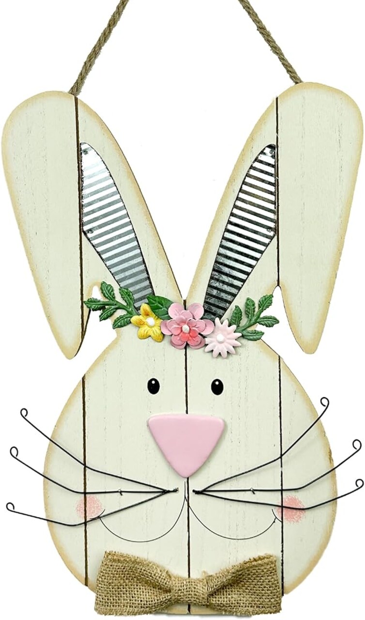Easter Bunny Decorations for Front Door Decor, Cute Wooden Rabbit Sign Easter Wall Hanging Plaque Art, Hanger for Home Outdoor Porch Spring Indoor Garden
